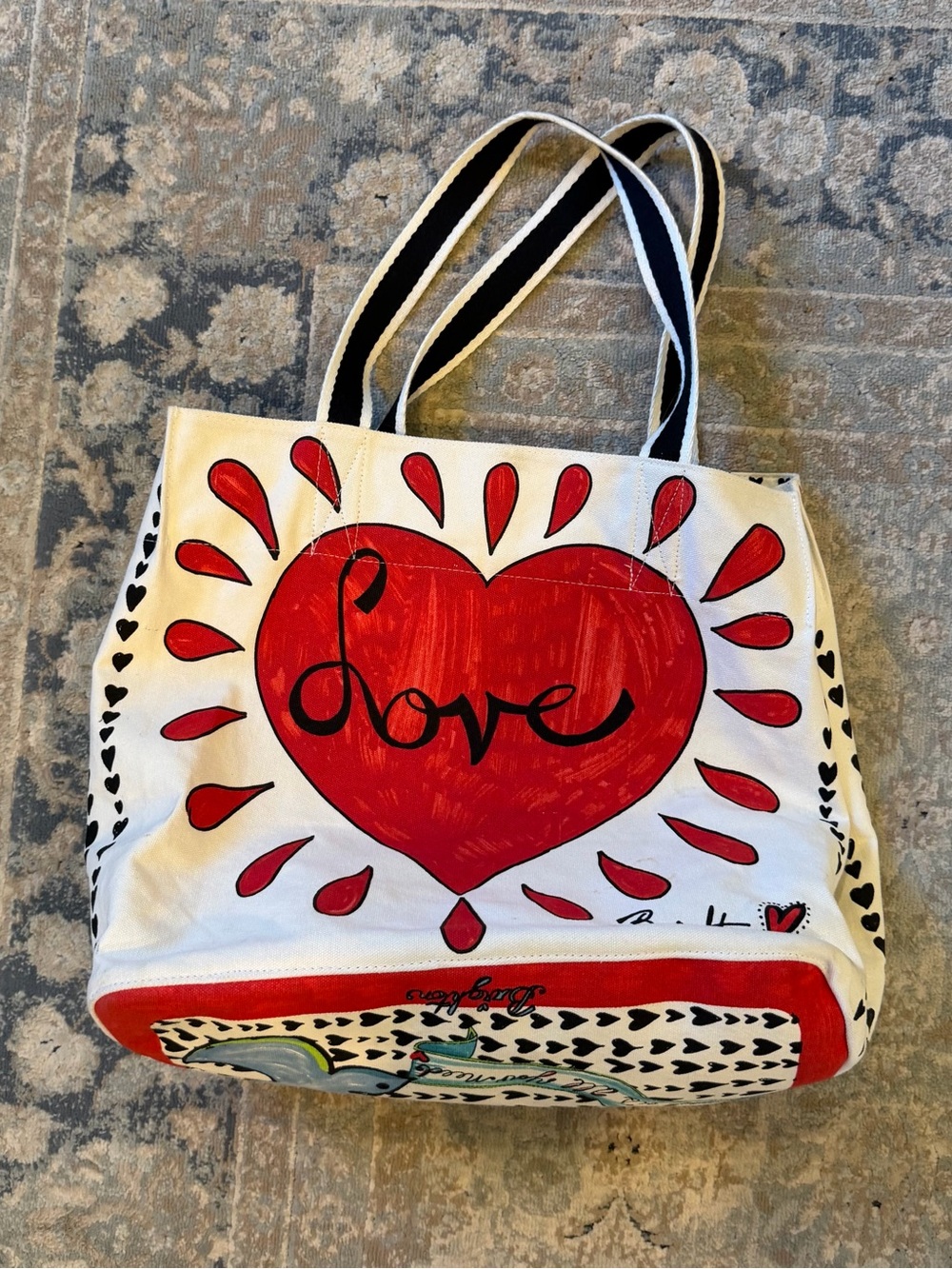 Brighton Canvas Tote Bag with Red Love Heart Graphic - White/Red